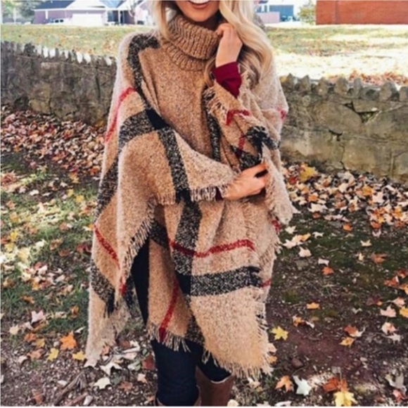 Cozy Plaid Nubby Knit Turtleneck Pullover Poncho Cape Cardigan Camel, Red, Black - Picture 4 of 5